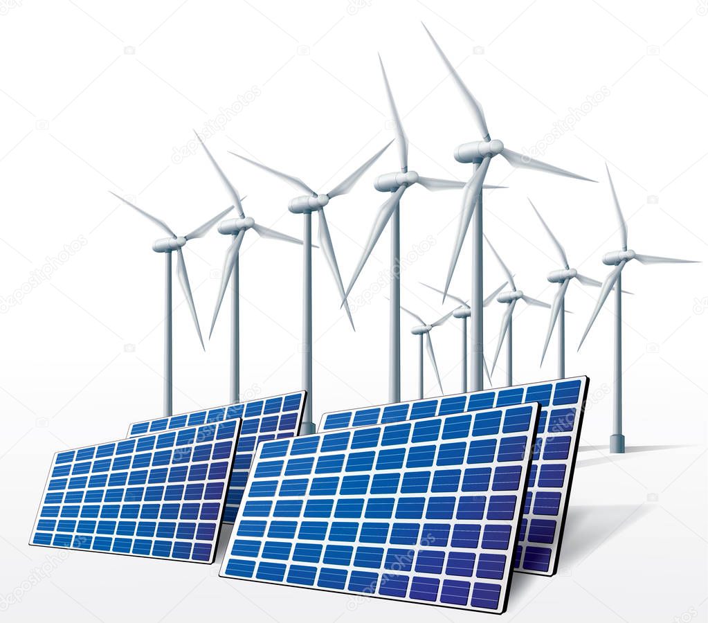 Solar panel and wind turbine on a white background. Vector illustration