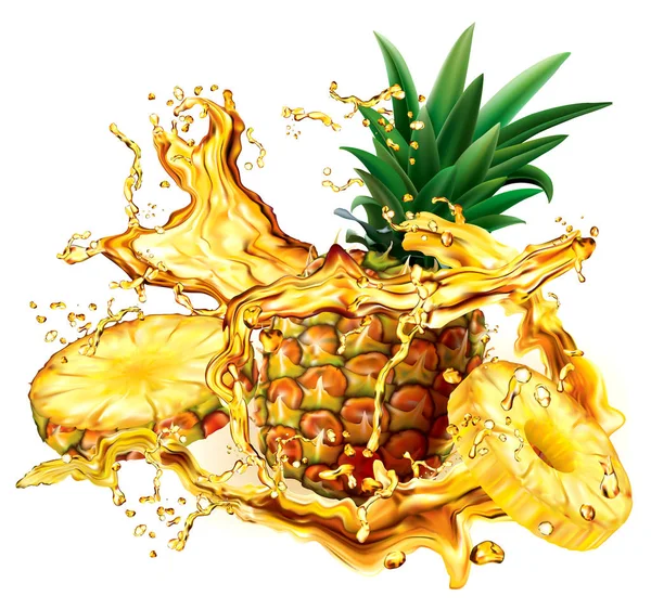 Ananas Geplatzte Spritzer Säfte Auf Weiß Vektorillustration — Stockvektor