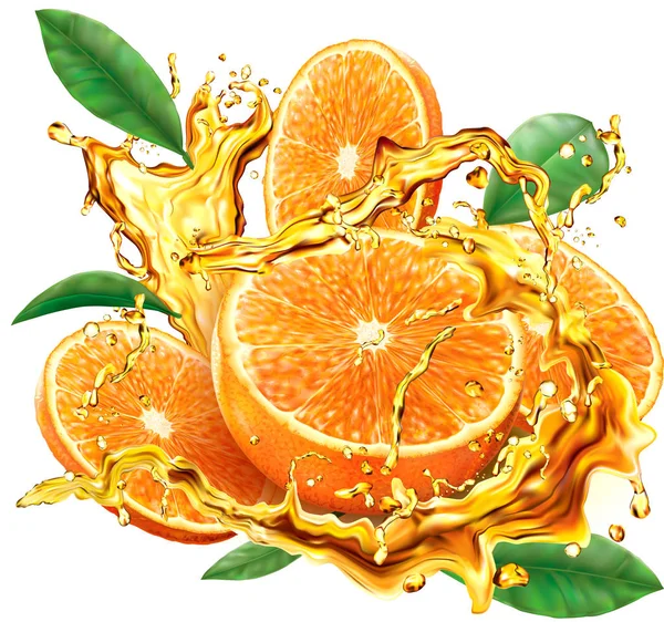 Orange Till Burst Stänk Juicer Vitt Vektorillustration — Stock vektor