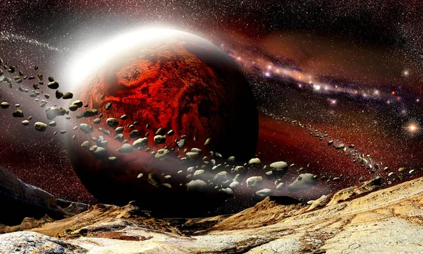 Außerirdische Berglandschaft Mit Rotem Planeten Und Ringen Auf Tiefem Weltraum — Stockfoto
