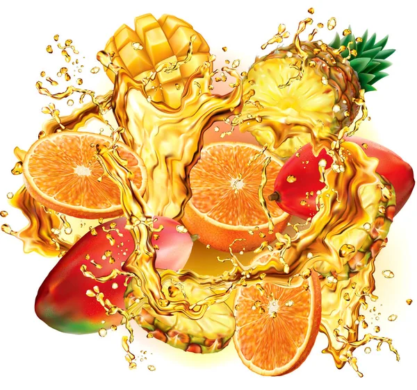 将热带水果混合在白色的果汁爆裂飞溅 矢量插图 — 图库矢量图片