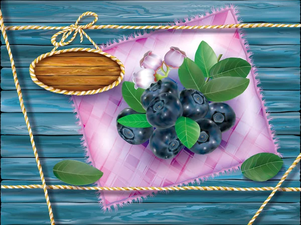 Blaubeerfrüchte Mit Blättern Und Blüten Auf Einem Kunterbunten Tuch Und — Stockvektor