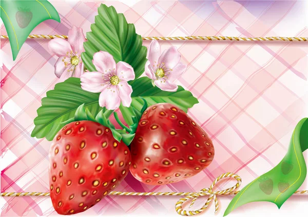 Erdbeerfrüchte Mit Blättern Und Blüten Auf Rosa Buntem Hintergrund Illustration — Stockvektor