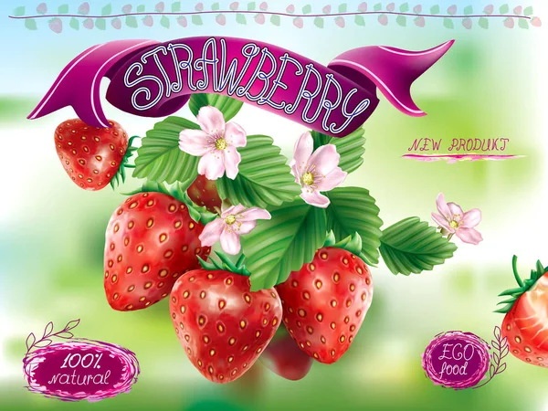 Erdbeerfrüchte Mit Blättern Und Blüten Auf Grünem Hintergrund Illustration Von — Stockvektor