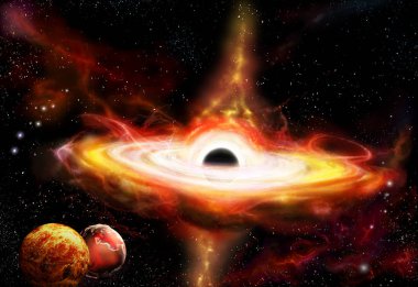 Derin uzayda centrum Quasar galaksideki kara delik ile. Sanatçının anlayışı illüstrasyon