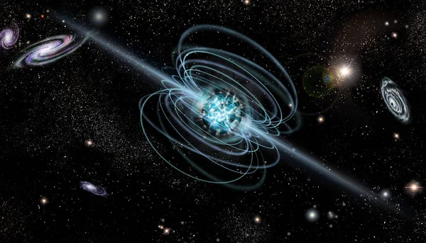 Magnetar neutron star with high magnetic field in a deep space. Artist\'s conception illustration