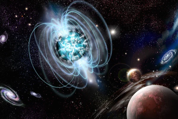 Magnetar nötron yıldızı bir derin uzayda yüksek manyetik alan ile. Sanatçının anlayışı illüstrasyon