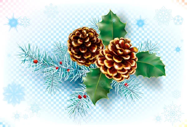 Noel Dekorasyonu Çam Kozalağı Holly Çobanpüskülü Çam Ağacı Dalı Vektör — Stok Vektör