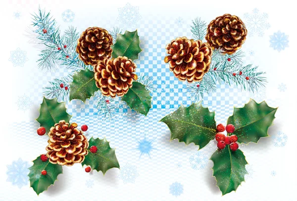 Kerstdecoratie Set Dennenappel Europese Holly Ilex Pine Vertakking Van Beslissingsstructuur — Stockvector