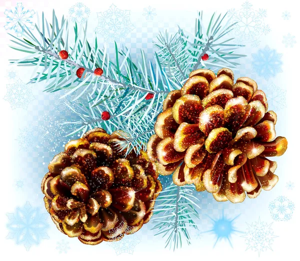 Pine Cone Branch Snowflakes Transparent Background Vector Illustration — Stock Vector
