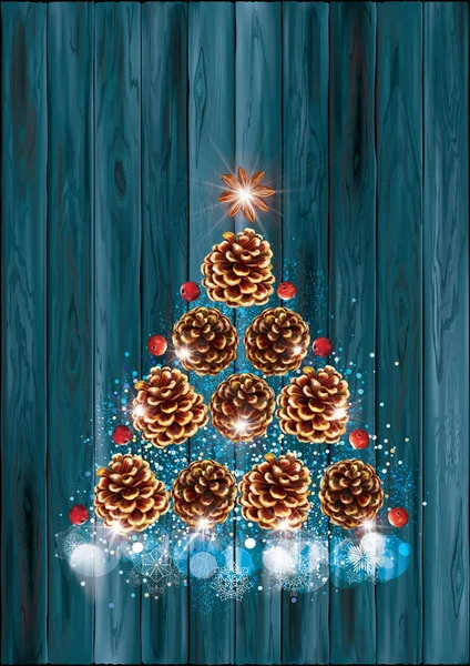Christmas Tree Made Pine Cones Darc Wooden Background Vector Illustration — Stock Vector