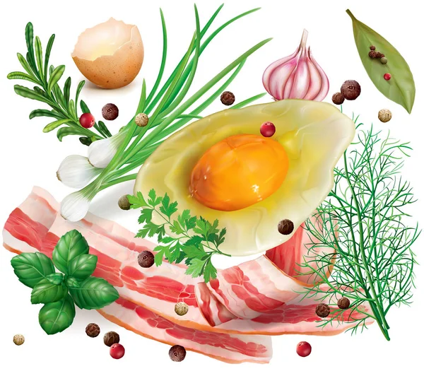 Bacon Œufs Cassés Épices Aromatiques Aux Herbes Sur Fond Blanc — Image vectorielle