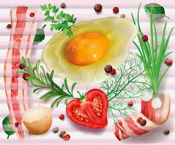 Composition Avec Bacon Oeuf Herbes Aromatiques Épices Sur Fond Transparent — Image vectorielle