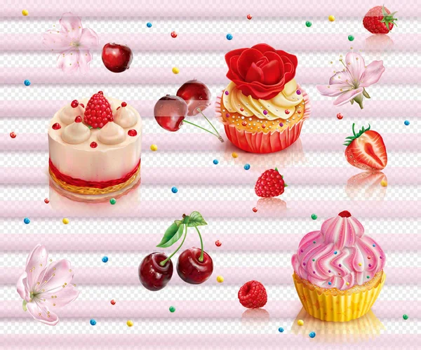 Capcake Şeffaf Bir Arka Plan Berry Kompozisyonu Vektör Kafes Çizim — Stok Vektör