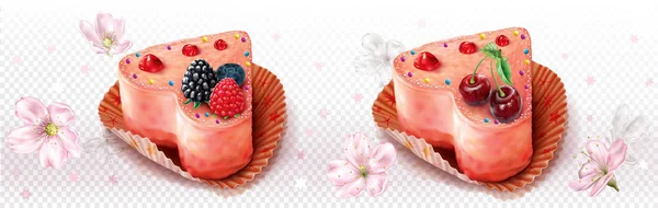 ピンクのハート形のケーキは 果実で飾られました ベクトル メッシュ図 — ストックベクタ