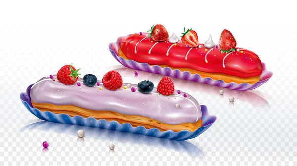 Twee Eclair Gebak Log Vormige Gebak Met Slagroom Bessen Vectorillustratie — Stockvector