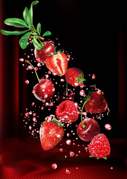 樱桃覆盆子和草莓在黑色红色的背景下溅入果汁 向量网格例证 — 图库矢量图片