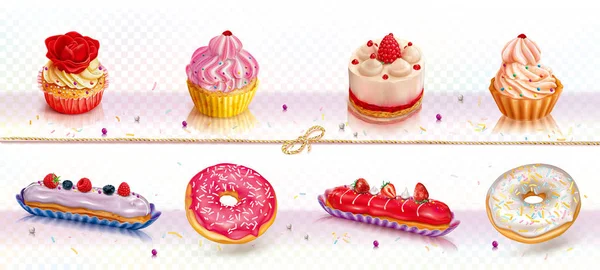 Conjunto de cupcakes, donuts e eclairs — Vetor de Stock