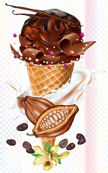 Shocolate helado en conos de gofres y frutas de cacao — Vector de stock