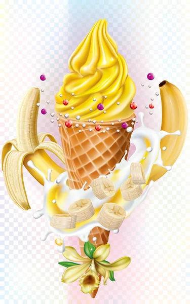 IceCream v vaflích kornouty s banány a vanilkou — Stockový vektor