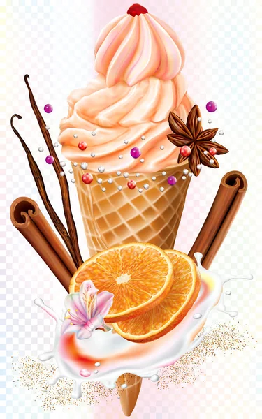 Icecream in wafels kegels met citrus en kaneel, anijs, Vanil — Stockvector