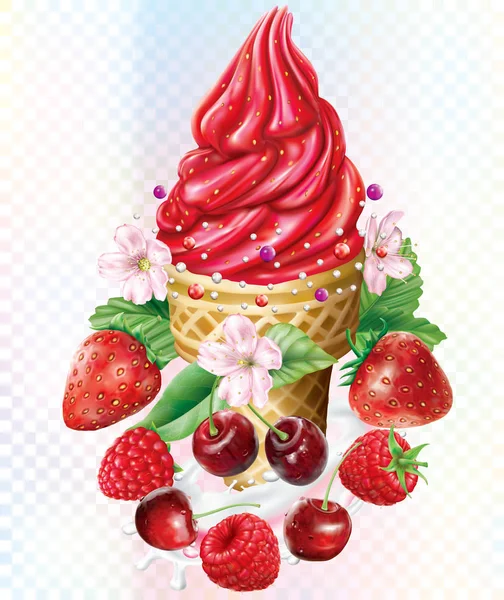 Icecream con ciliegia, fragola, lampone — Vettoriale Stock