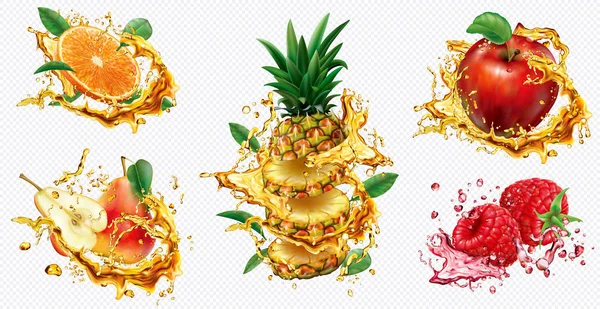 Ananas, Orange, Apfel, Birne und Himbeere in Spritzern Saft — Stockvektor