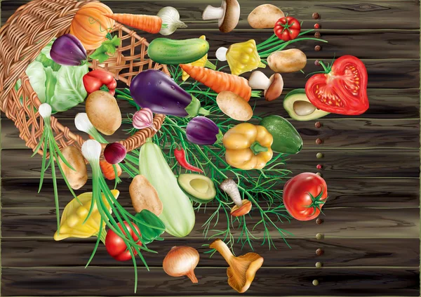 Grönsaker och kryddor faller från korgen — Stock vektor
