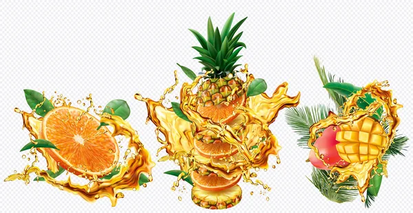 菠萝，橙子和芒果在果汁飞溅 — 图库矢量图片