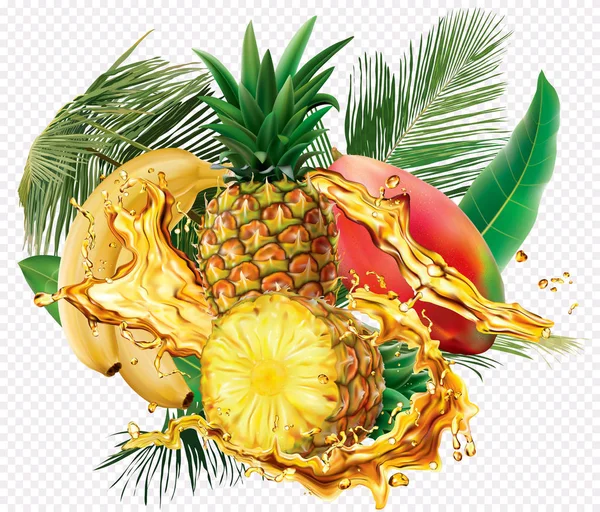 混合果汁飞溅香蕉，芒果，菠萝 — 图库矢量图片