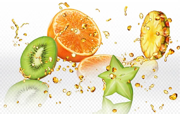 Keverjük össze kifröccsenésekor gyümölcslevek Carambola, narancs, ananász, Kiwi — Stock Vector