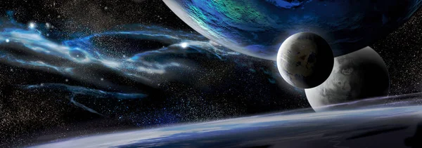宇宙星雲の背景に外惑星とのパノラマビュー アートコンセプト — ストック写真