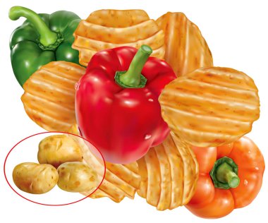 Renkli biber biberli patates cipsi ve patates yumrusu. Vektör ağ illüstrasyonu