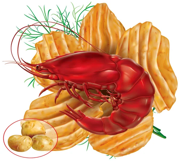 Wellige Kartoffelchips Mit Garnelen Vektornetzabbildung — Stockvektor