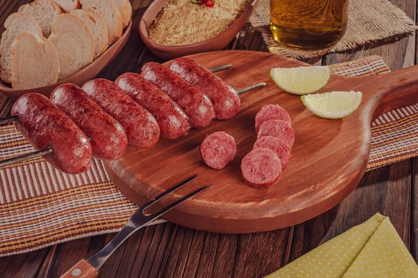 Grilled Sausage Skewer Wooden Board Brazilian Barbecue — Stock Photo, Image