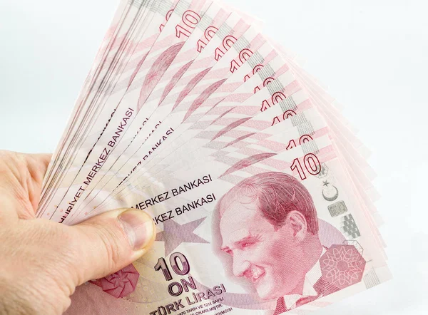 Ruční Držení Tureckých Bankovek — Stock fotografie