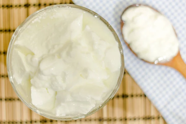 Natural Homemade Plain Organic Yogurt Wood Spoon — Stock Photo, Image