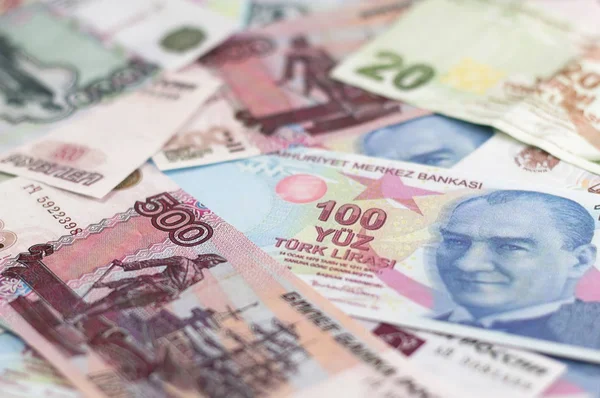 Dwóch Walut Europejskich Rosyjski Rubel Lira Turecka — Zdjęcie stockowe