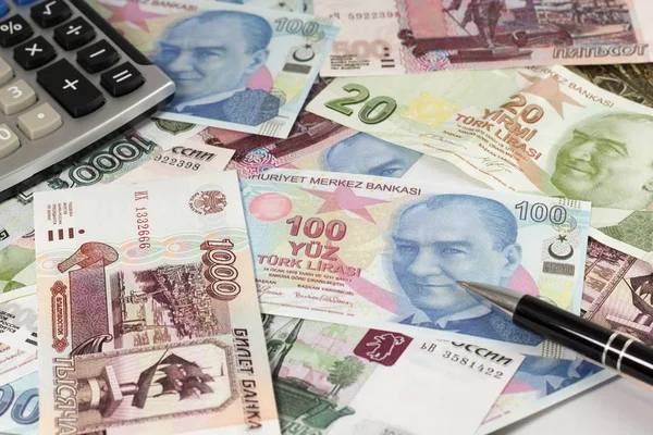 Two European Currencies Russian Ruble Turkish Lira — Stock Photo, Image