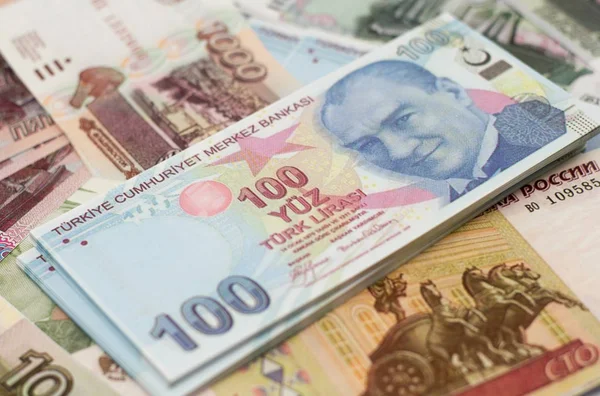 Dvě Evropské Měny Ruský Rubl Turecká Lira — Stock fotografie