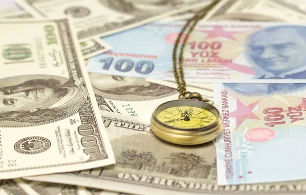 Dolarové Bankovky Turecké Liry Kapesní Hodinkami — Stock fotografie