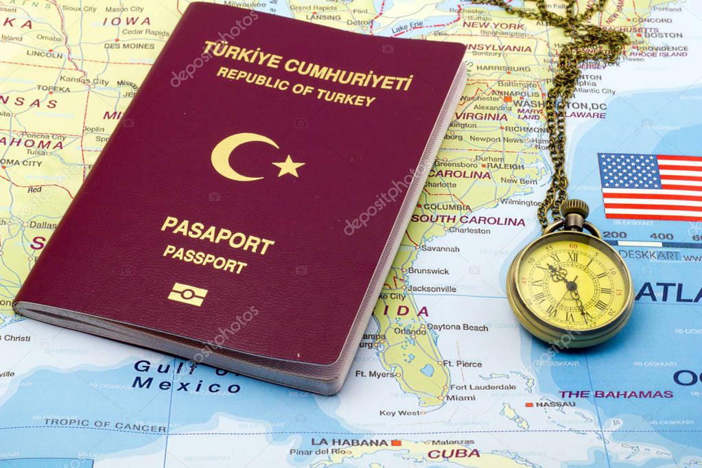 Turkish passport and dollar bills on US Map