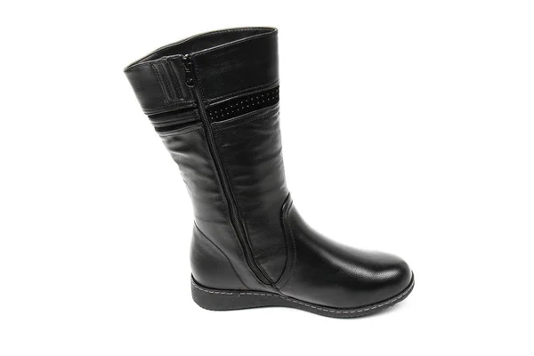 Bota Mulher Sapatos Couro Preto Isolado Fundo Branco — Fotografia de Stock