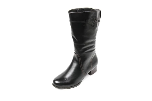 Bota Mulher Sapatos Couro Preto Isolado Fundo Branco — Fotografia de Stock