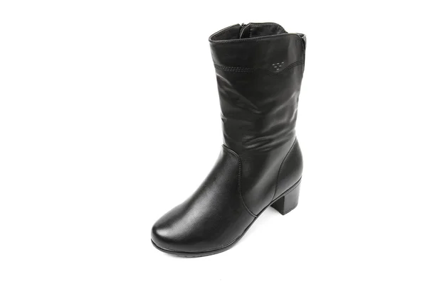 Women Photo Boot Black Leather Shoes Isolated White Background — Stock Photo, Image