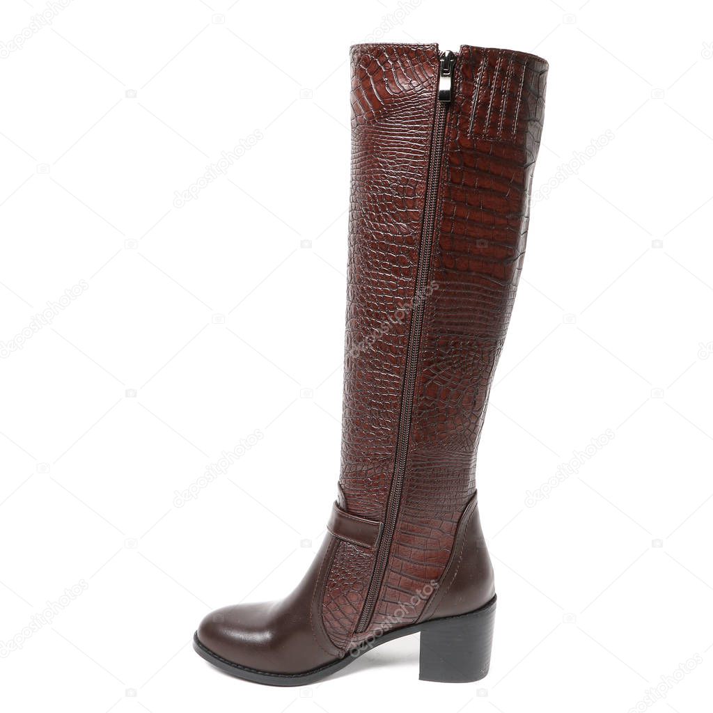 Women's demi-season high boots isolated on white background. Nice photo pic shooting in product studio for ecommerce and catalog.