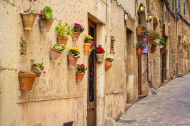 Valdemossa, Majorka adası, İspanya'da saksılar ve seramik karolarla dekore edilmiş güzel avlu.