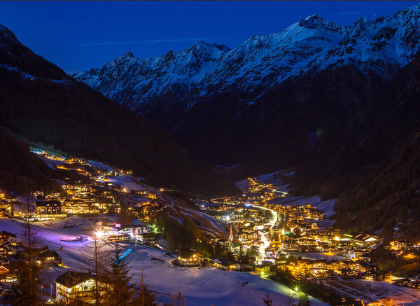 Night view of Solden ski resort in Austria
