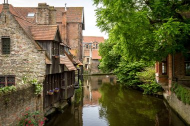 Bruges, Belçika'da su üzerinde ev ve yüzen bir kuğu