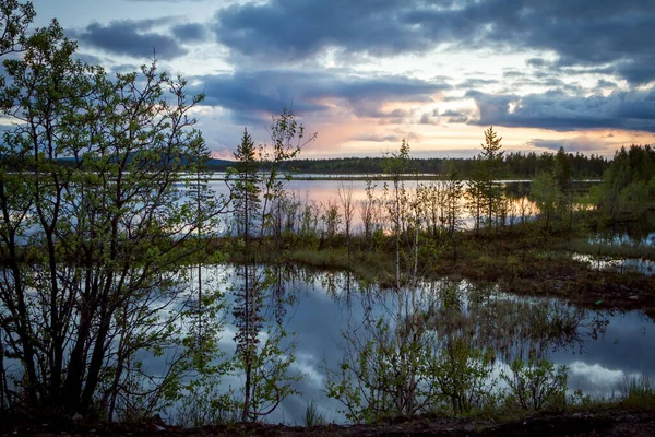 Летняя ночь пейзаж на севере Кольского полуострова в России. Белые ночи, озера, леса и прекрасные облака отражаются в воде — стоковое фото